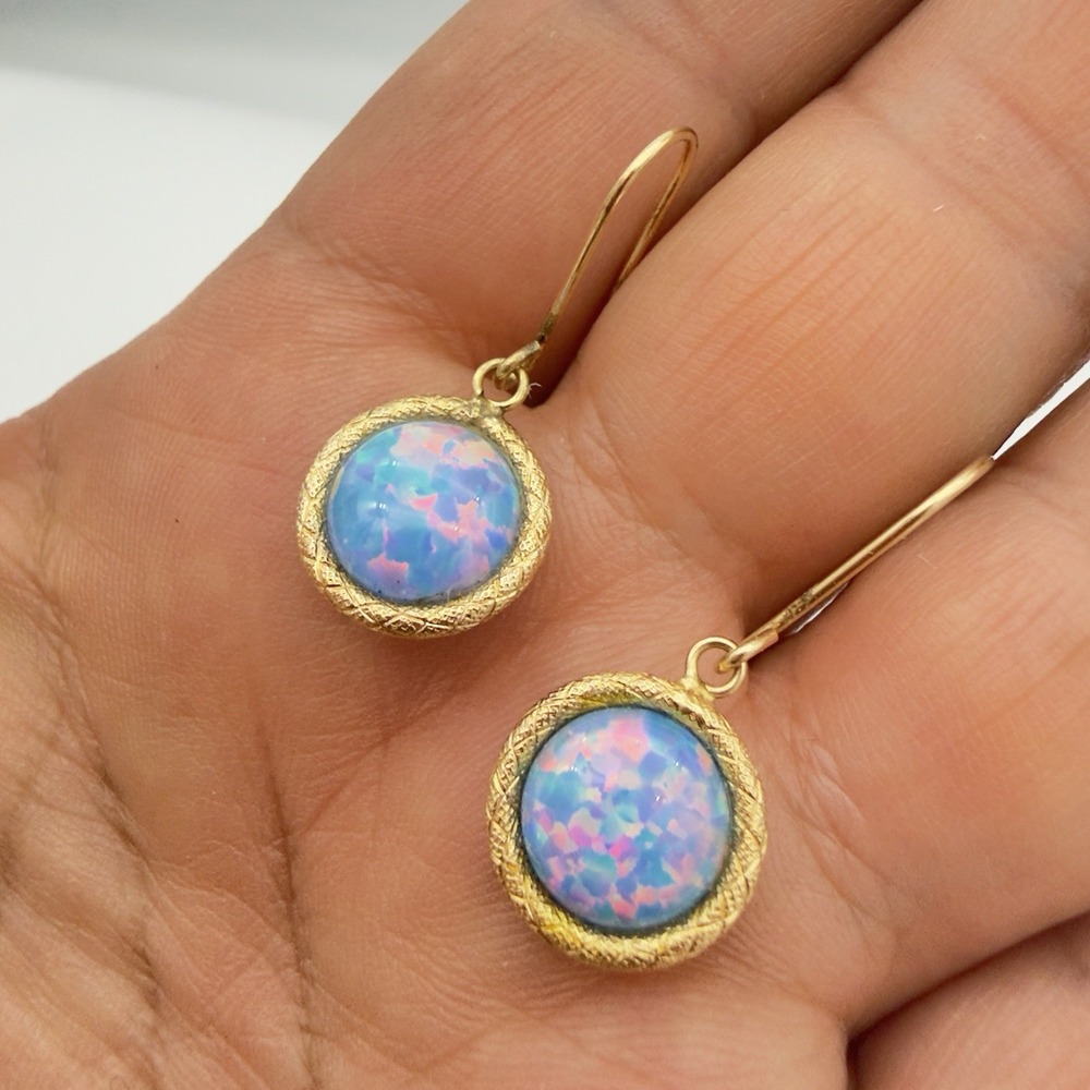 Vintage Milor Italy 14K Yellow Gold Opal Earrings Dangle Drop 9.5mm Cabochons